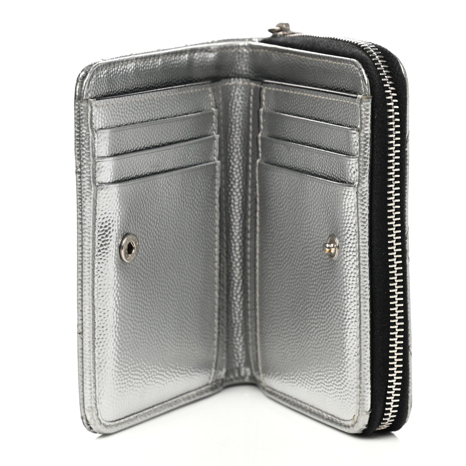 Saint Laurent Metallic Grain De Poudre Matelasse Chevron Monogram Compact Zip Around Wallet Silver 5 of 8