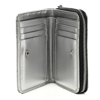 Saint Laurent Metallic Grain De Poudre Matelasse Chevron Monogram Compact Zip Around Wallet Silver 5 of 8