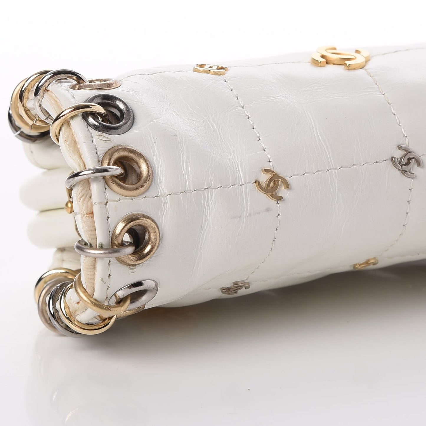 Calfskin Square Quilted Grommet Embellished Piercing Chic Clutch White