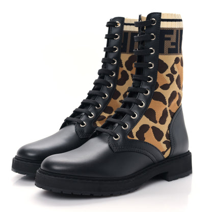 Fendi Calfskin Stretch Fabric FF Leopard Rockoko Biker Boots 37 Black 3 of 6