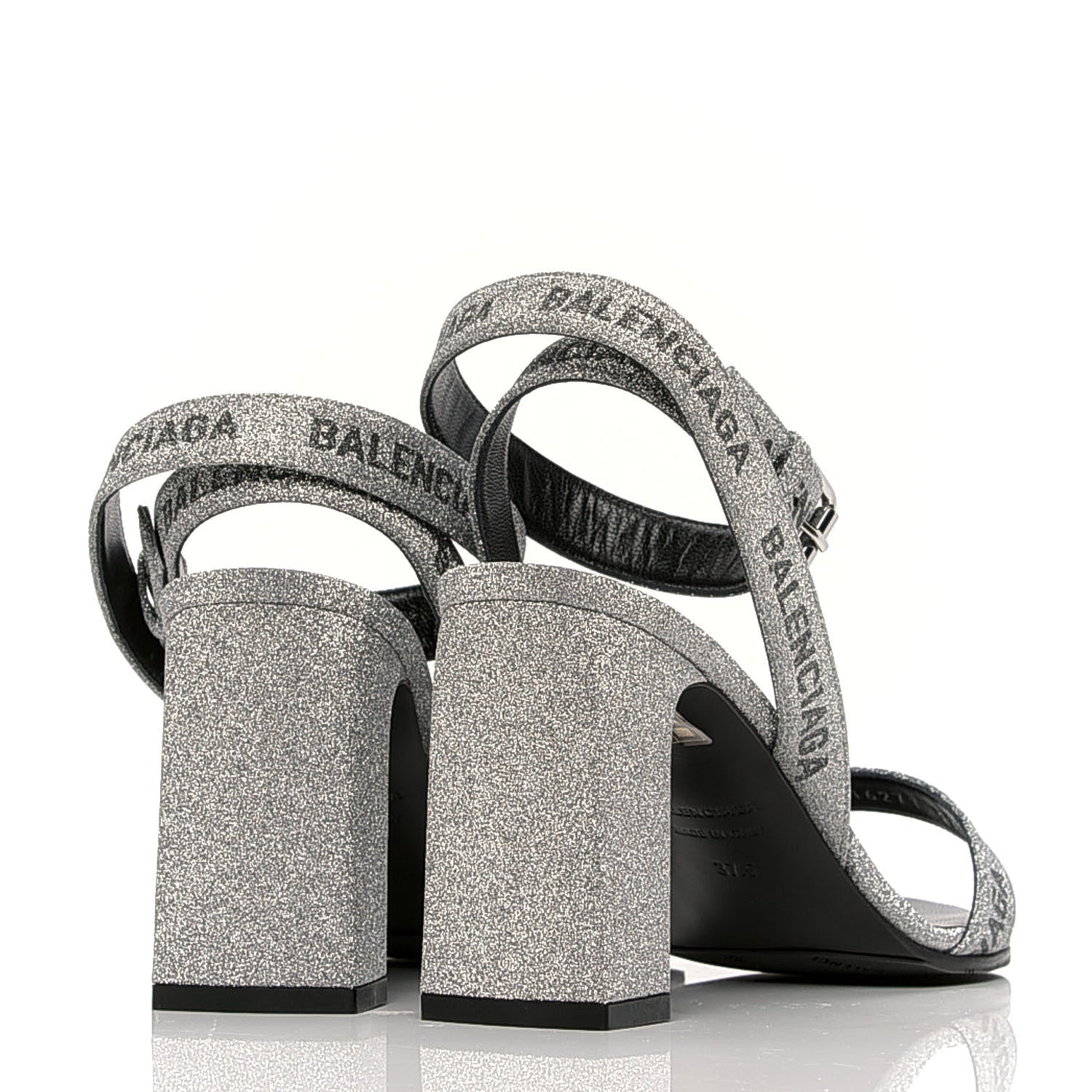 Balenciaga Glitter Allover Logo Ankle Strap Round Heel 80mm Sandals 37.5 Silver Black 3 of 6