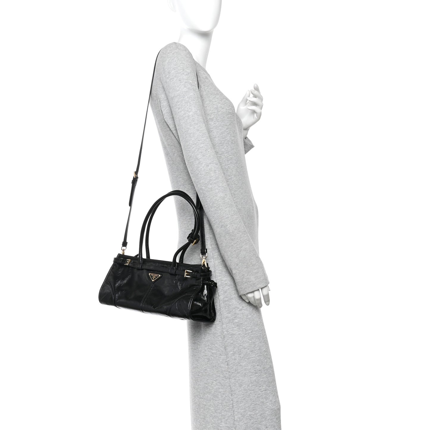 Glossy Calfskin Triangle Medium Bonnie Shoulder Bag Black