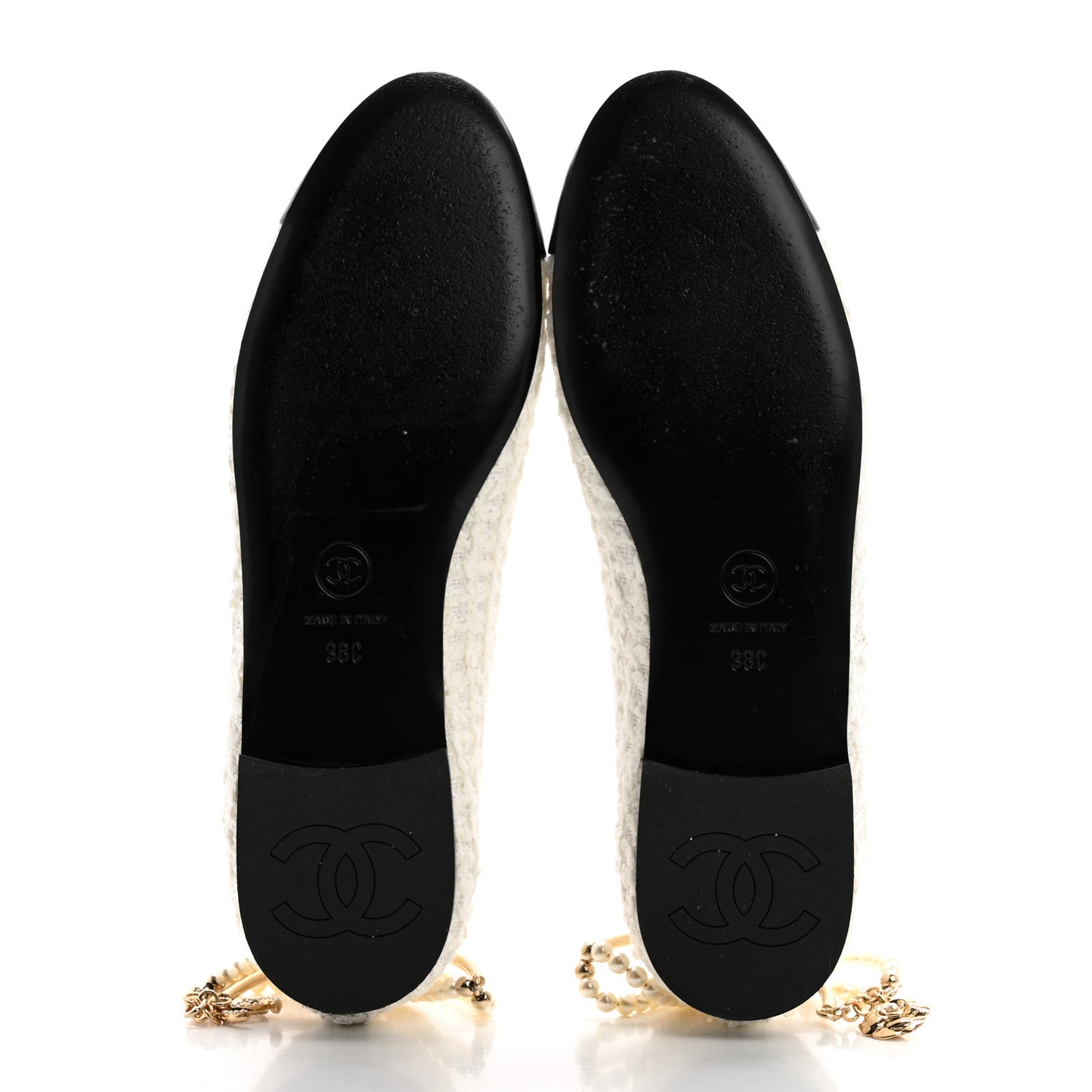 Tweed Lambskin Cap Toe Ankle Chain Ballerina Flats 38 White Black