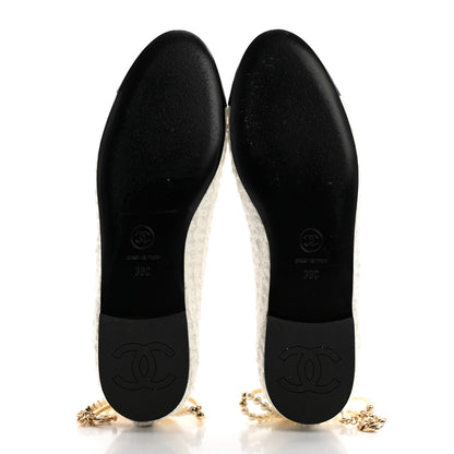Chanel Tweed Lambskin Cap Toe Ankle Chain Ballerina Flats 38 White Black 5 of 9