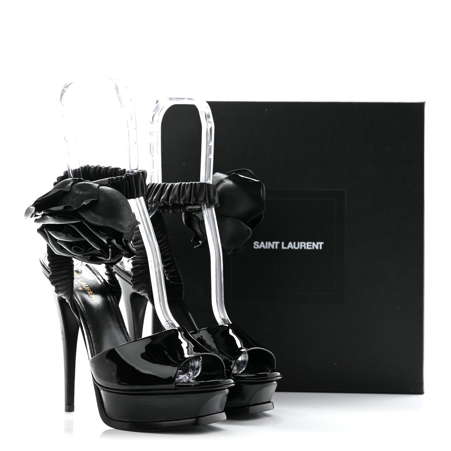 Patent Flower Ankle Strap Platform Pumps 38 Black