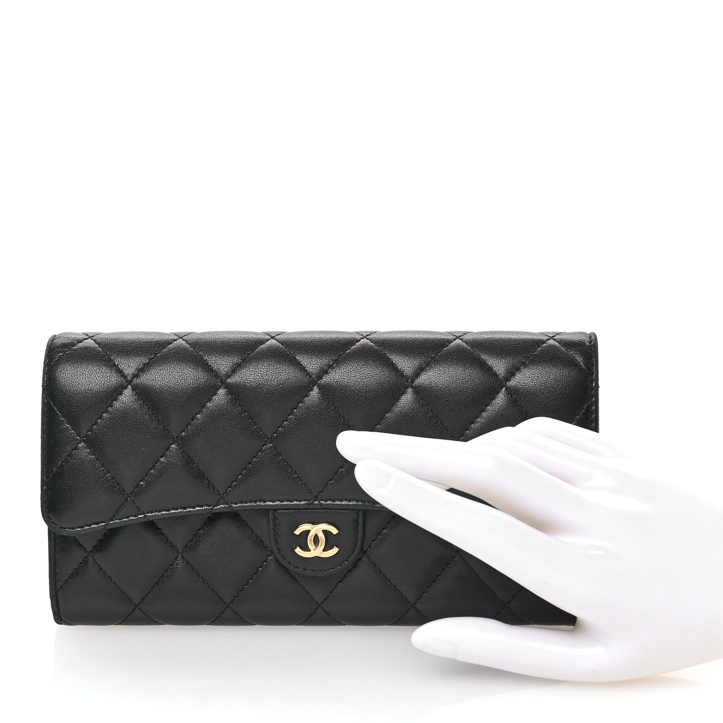Lambskin Quilted Large Gusset Flap Wallet Black