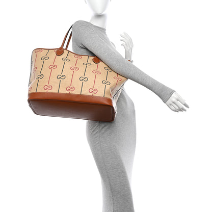 Gucci Straw Jacquard Dollar Calfskin GG Monogram Large Shopping Tote Natural Multicolor 2 of 13