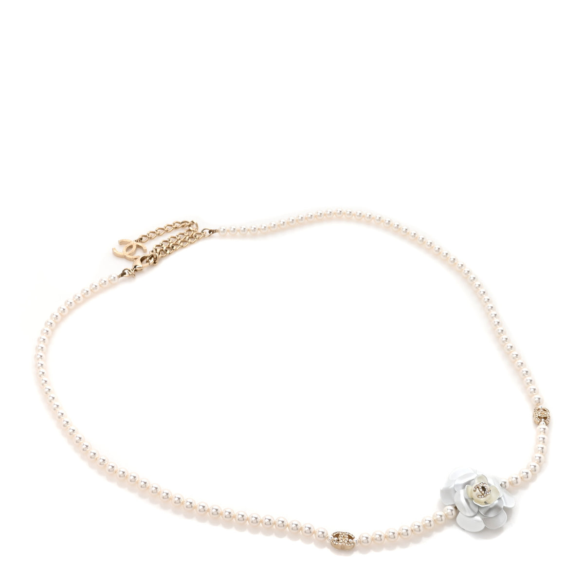 Pearl Crystal Camellia Chain Belt Gold White
