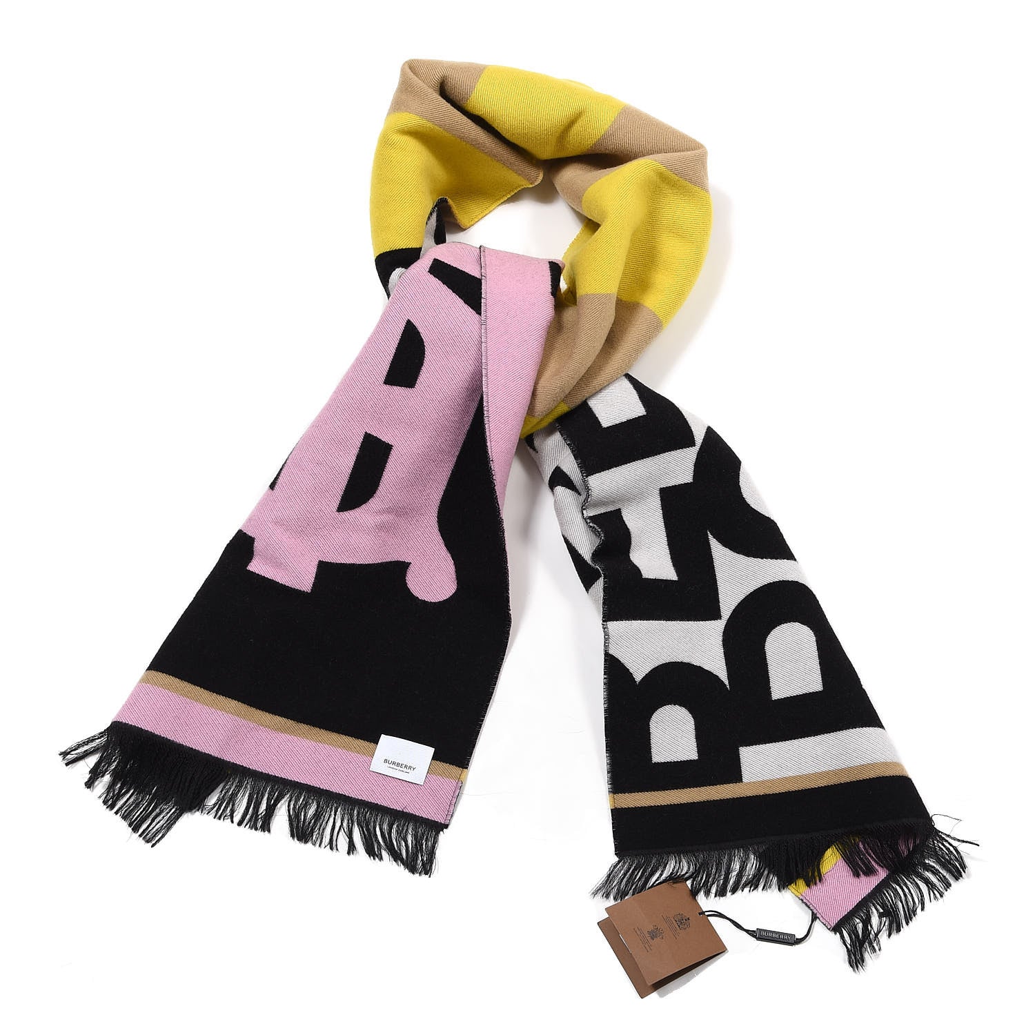 Burberry Silk Wool Contrast Logo Striped Scarf Canary Yellow 1 of 4