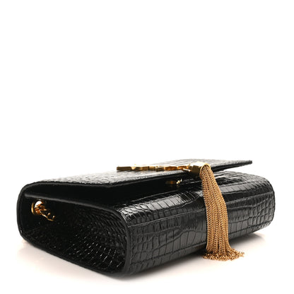 Saint Laurent Calfskin Crocodile Embossed Small Classic Monogram Kate Tassel Satchel Black 4 of 10