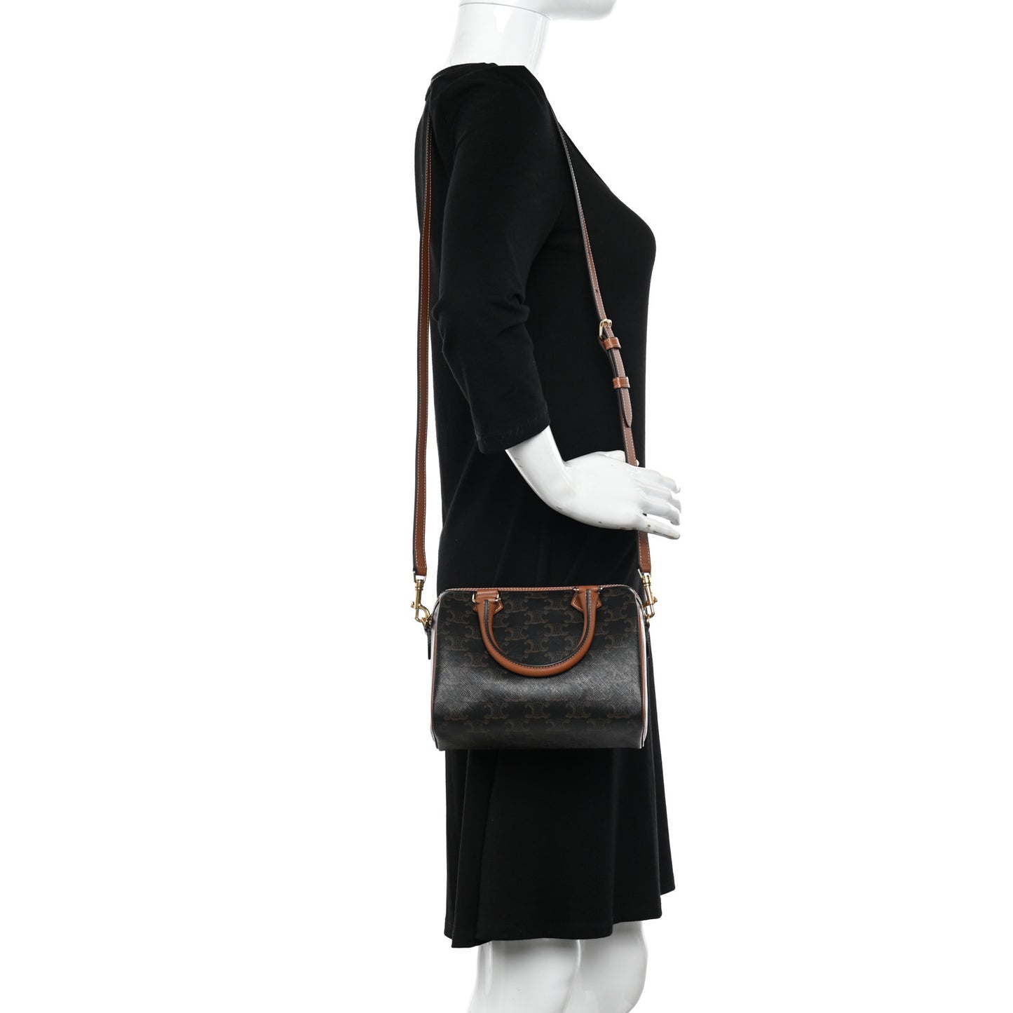 Triomphe Canvas Calfskin Small Boston Bag Tan