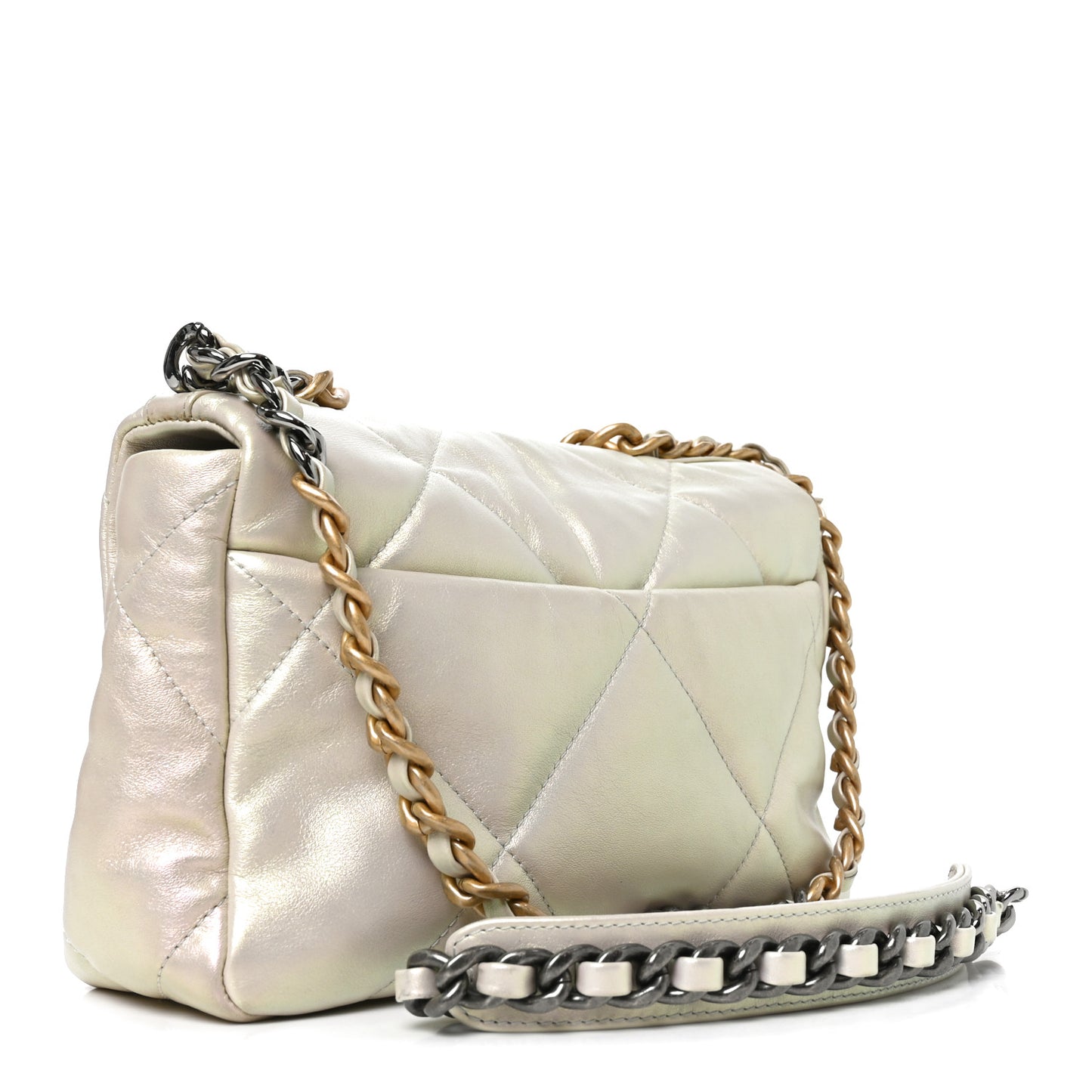 Iridescent Calfskin Quilted Medium Chanel 19 Flap White