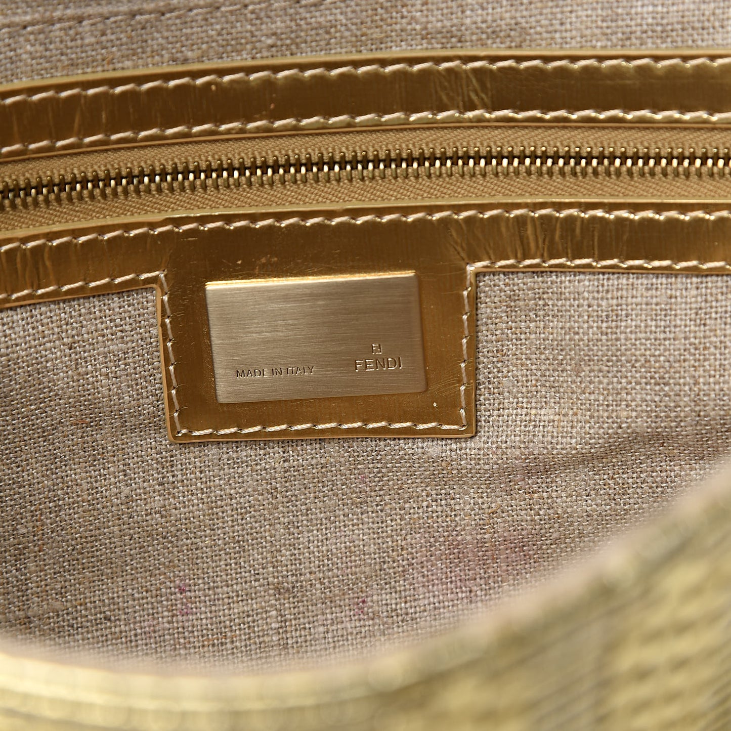 Canvas Metallic Calfskin Woven FF Baguette Gold