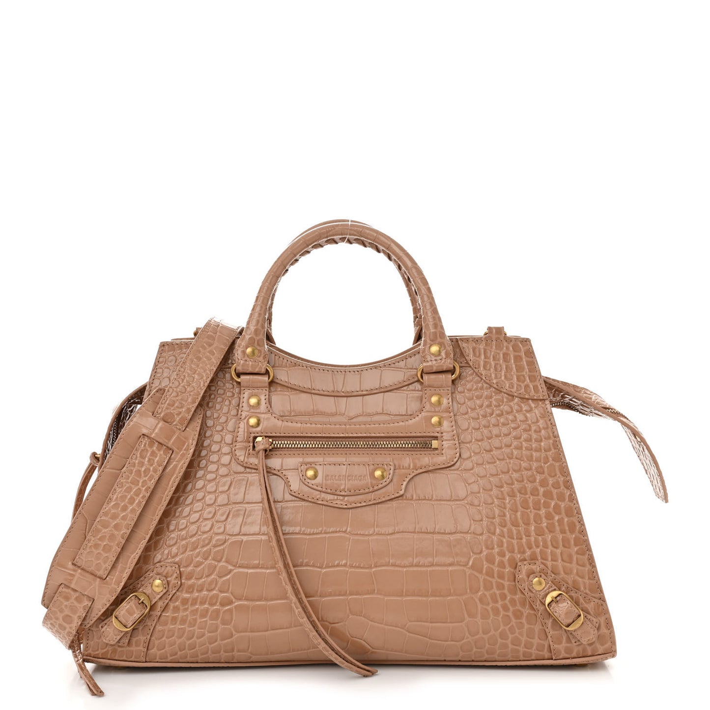 Shiny Supple Calfskin Crocodile Embossed Neo Classic Gold Hardware City Nude Beige