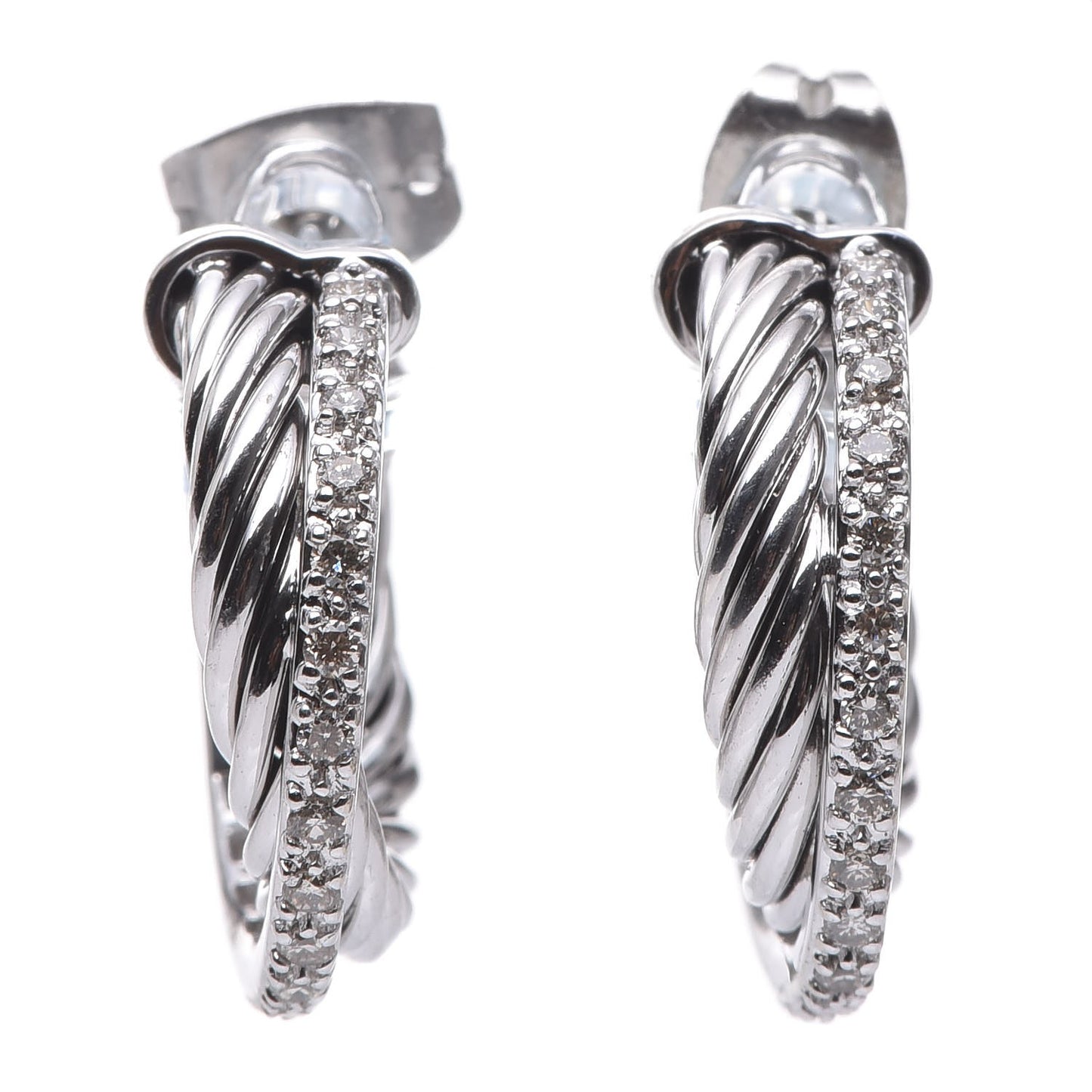 Sterling Silver 14K White Gold Diamond Small Crossover Hoop Earrings