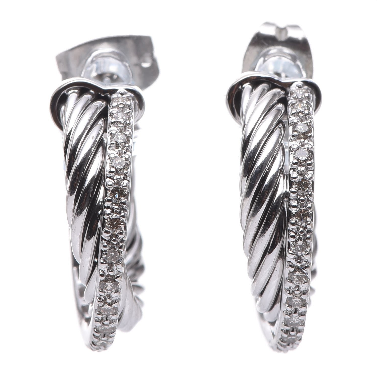 David Yurman Sterling Silver 14K White Gold Diamond Small Crossover Hoop Earrings 5 of 8