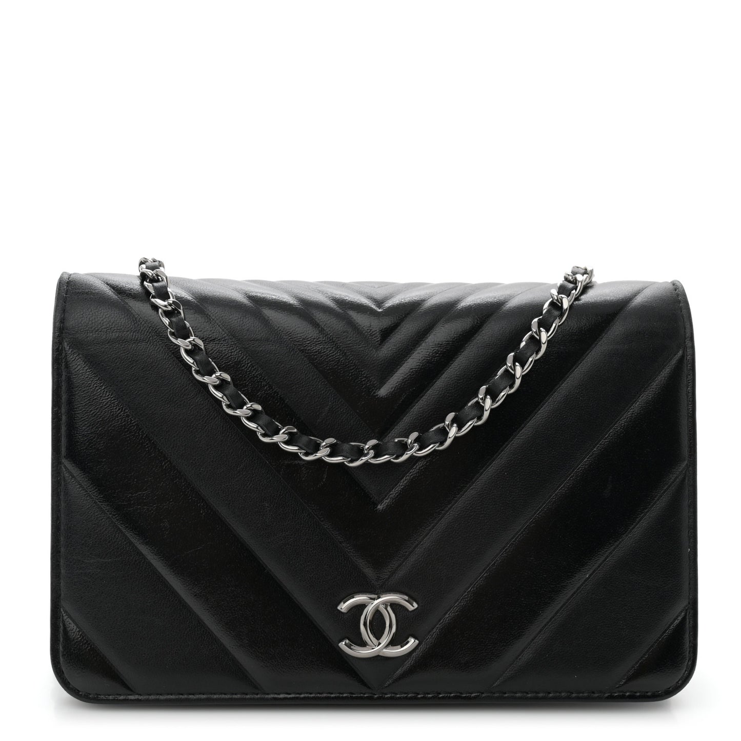 Lambskin Chevron Quilted Wallet On Chain WOC Black