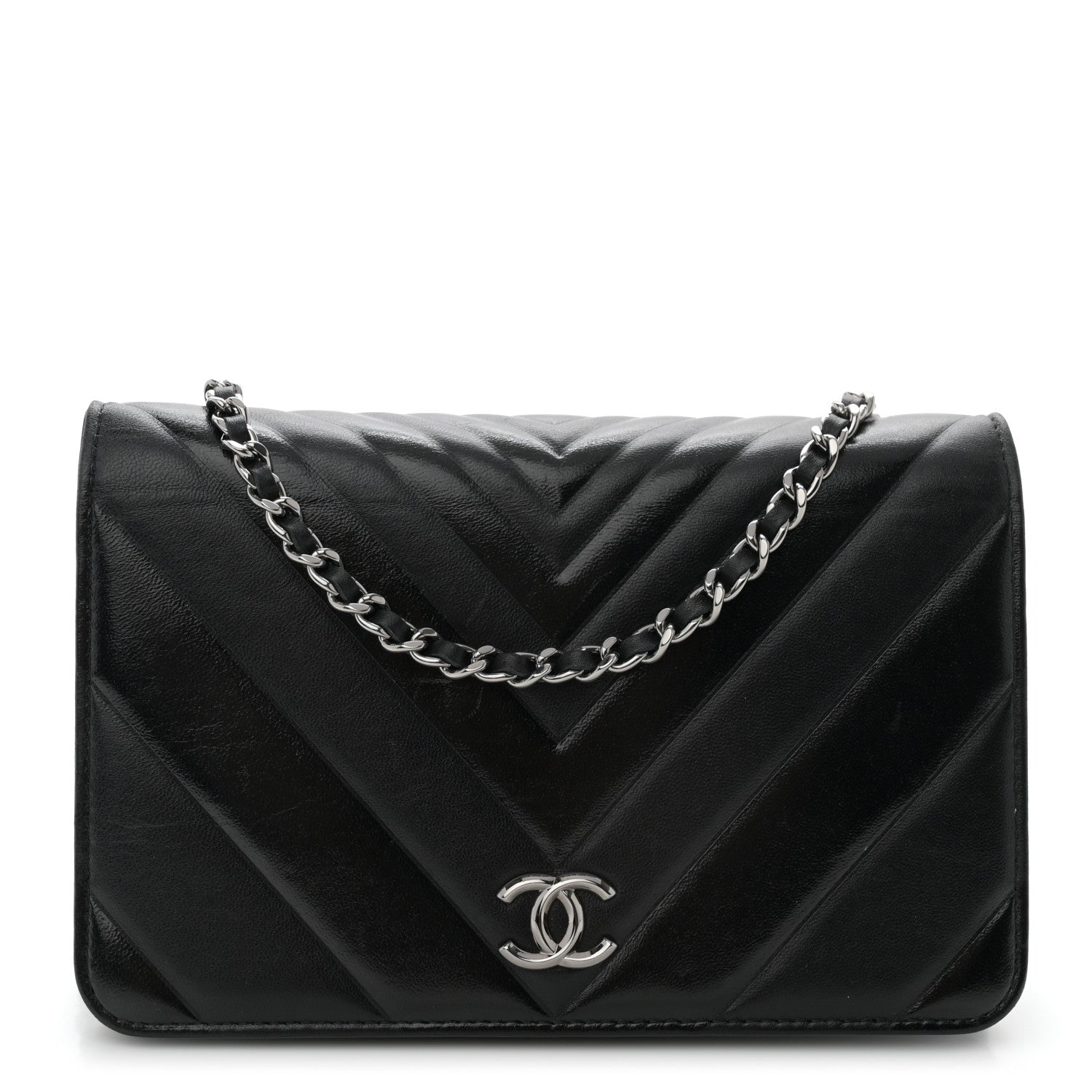 Chanel Lambskin Chevron Quilted Wallet On Chain WOC Black 1 of 12