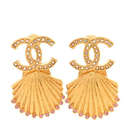 Chanel Crystal CC Shell Earrings Gold Pink 1 of 5