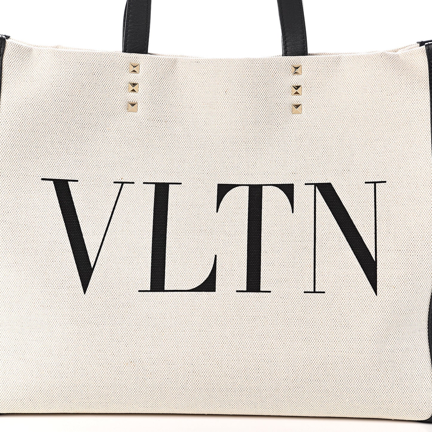 Canvas Calfskin VLTN Print Small Rockstud Tote Naturale Black