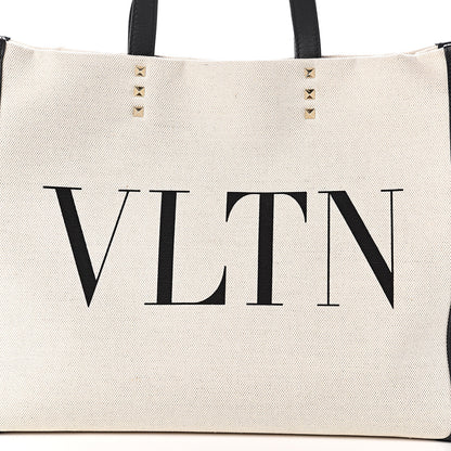 Valentino Garavani Canvas Calfskin VLTN Print Small Rockstud Tote Naturale Black 9 of 9
