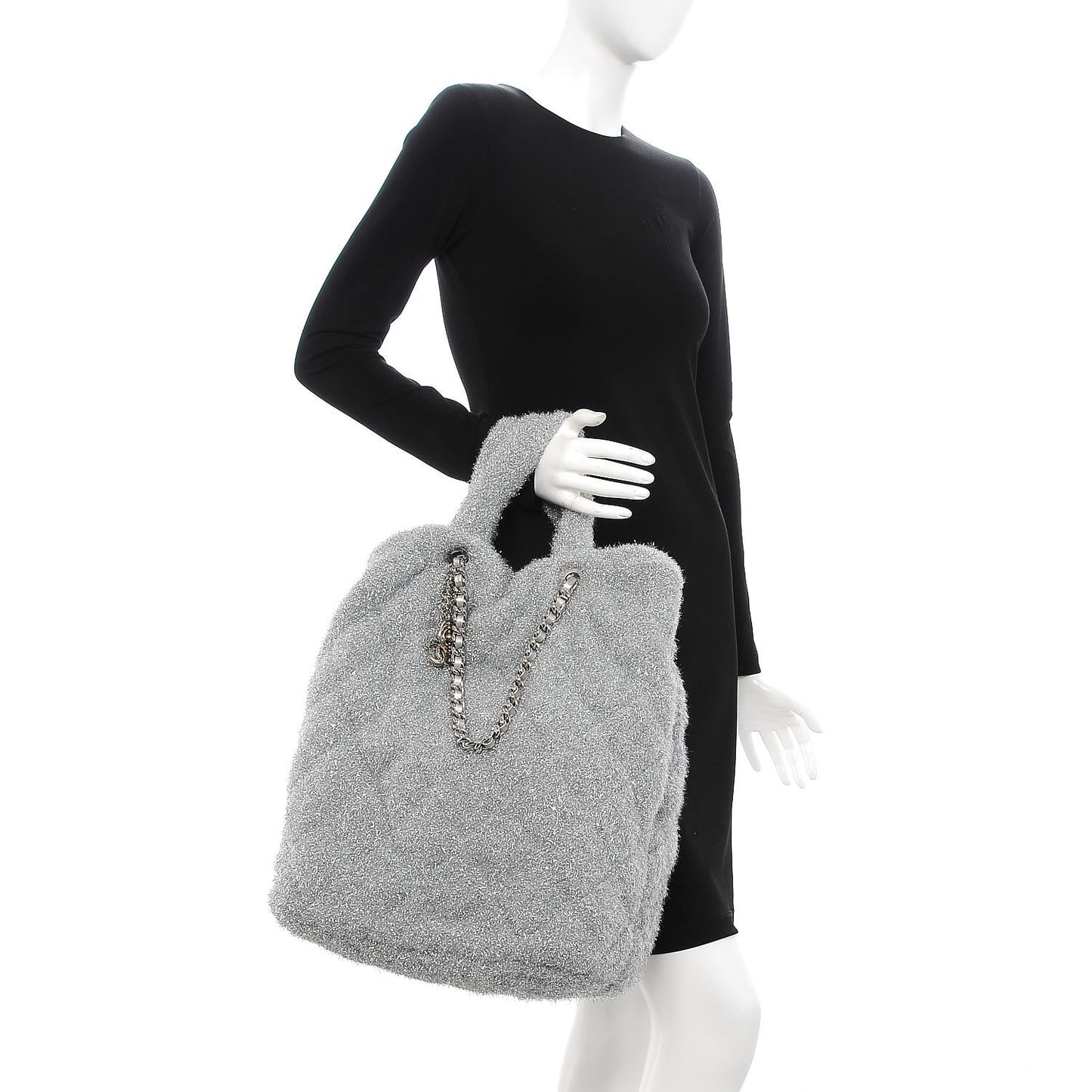 Knit Metallic Lambskin Large Shopping Tote Silver