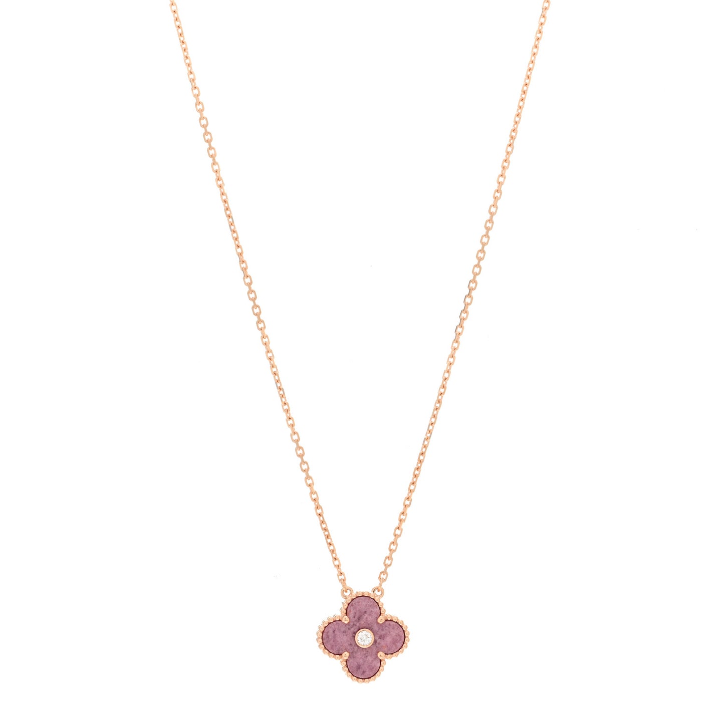 18K Rose Gold Diamond Rhodonite Vintage Alhambra Pendant Necklace