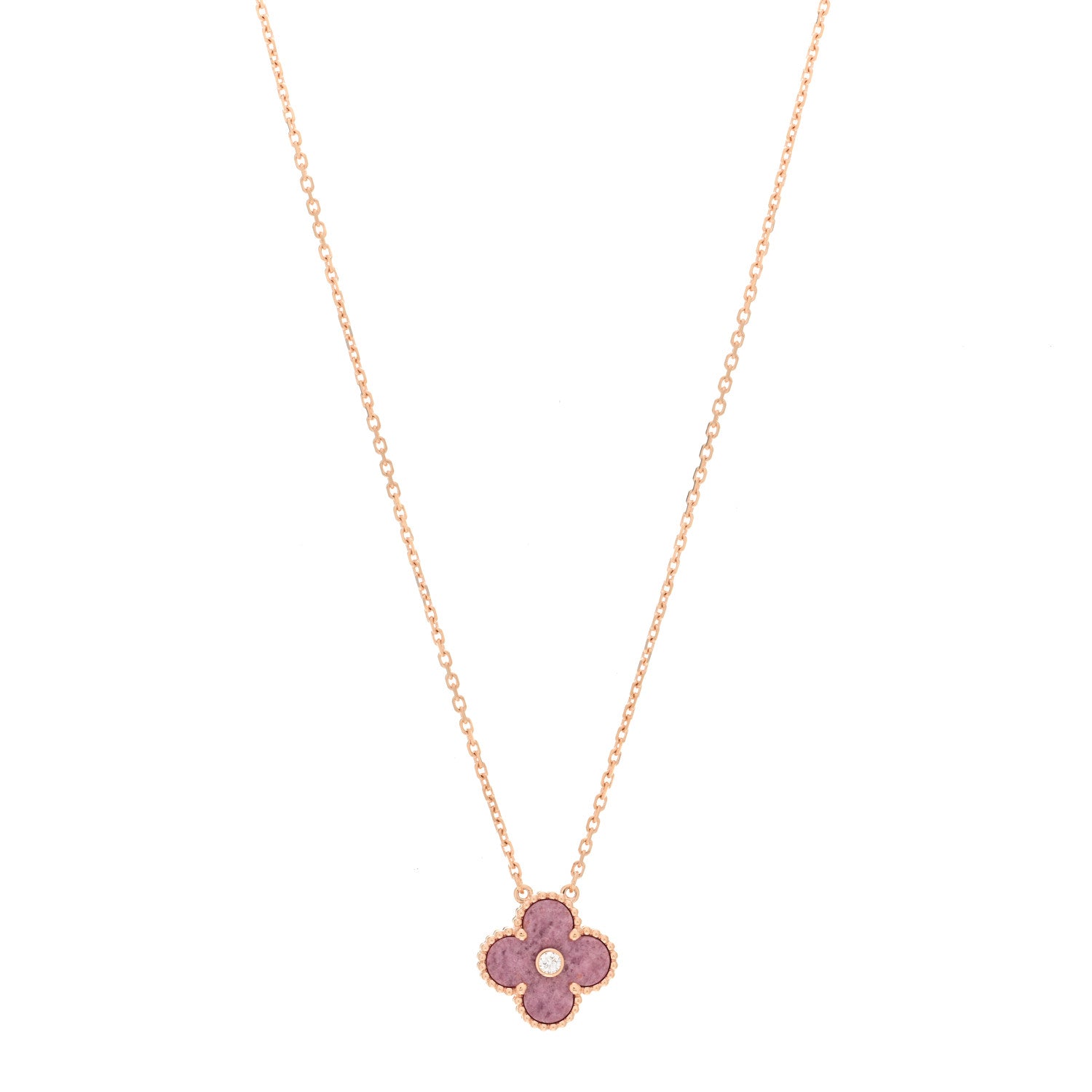 Van Cleef & Arpels 18K Rose Gold Diamond Rhodonite Vintage Alhambra Pendant Necklace 1 of 5