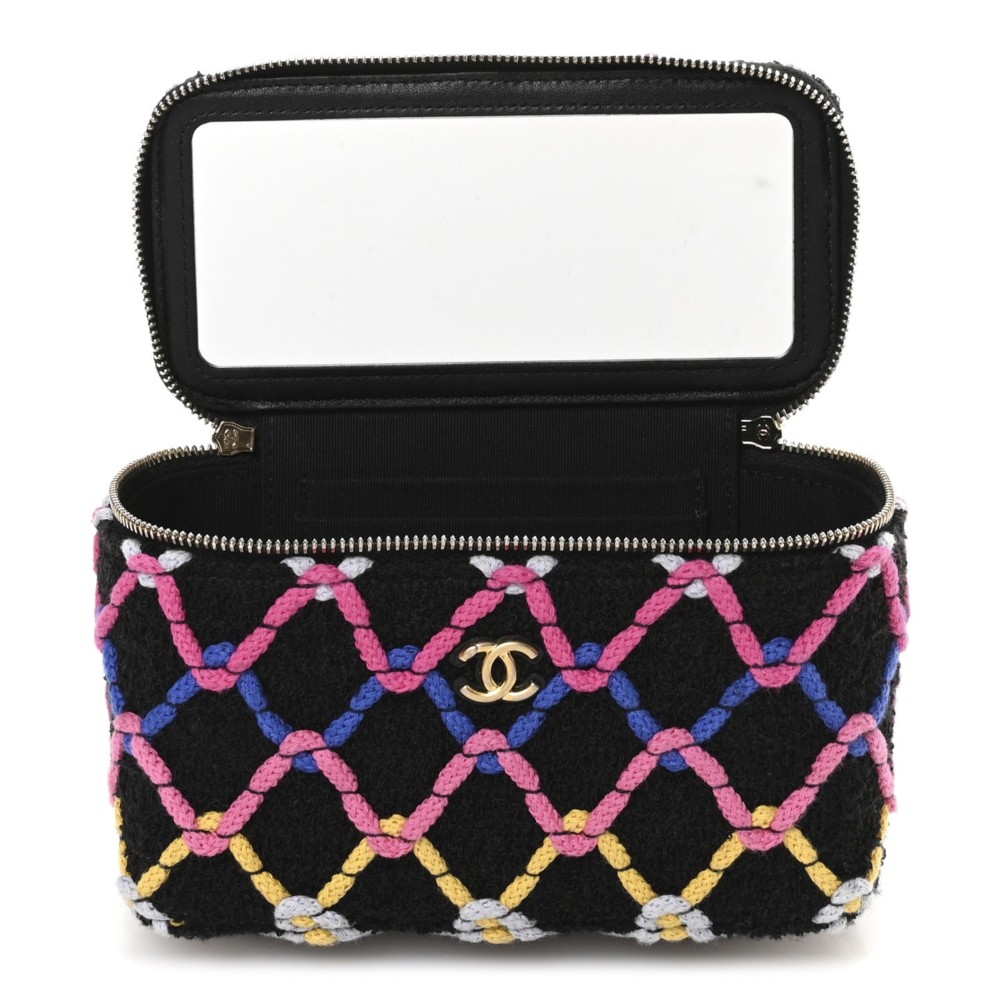 Tweed Diamond Threaded CC Pearl Crush Small Vanity Case With Chain Black Multicolor