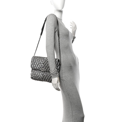 Chanel Metallic Chevron Quilted Space Suit Flap Dark Grey 2 of 11