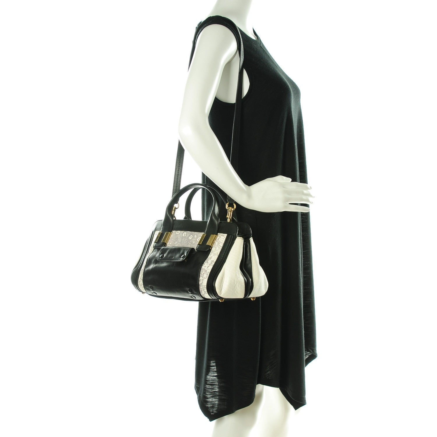 Chloe Calfskin Lizard Embossed Mini Alice Satchel Black White 2 of 8