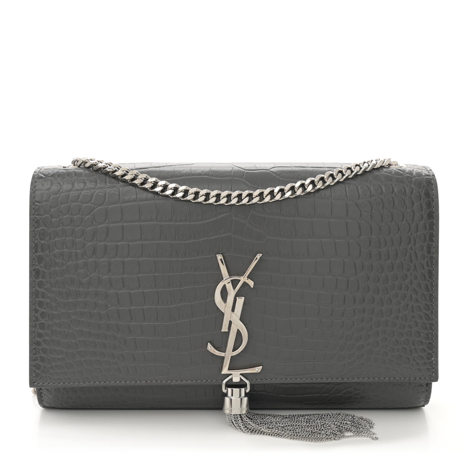 Saint Laurent Calfskin Crocodile Embossed Medium Classic Monogram Kate Tassel Satchel Storm 1 of 11