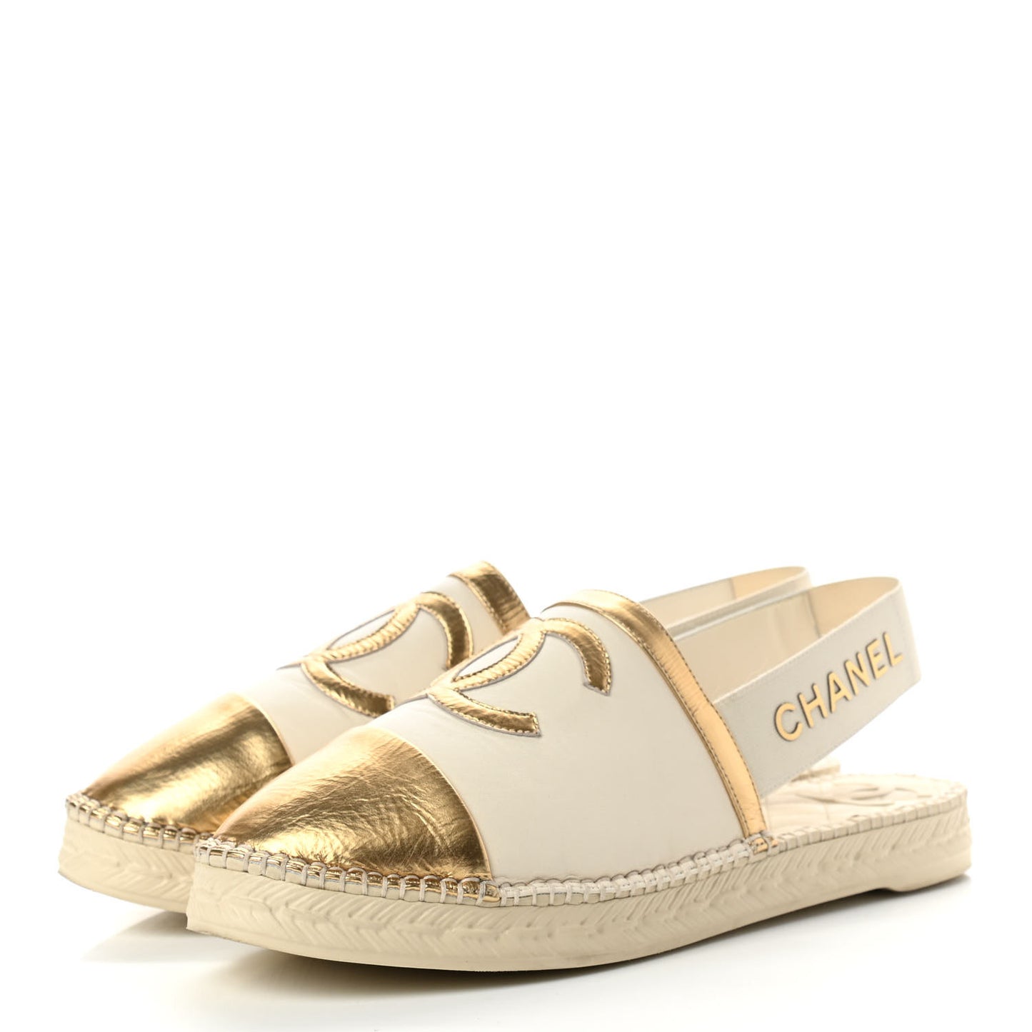 Metallic Lambskin CC Slingback Espadrilles 39 Ivory Gold