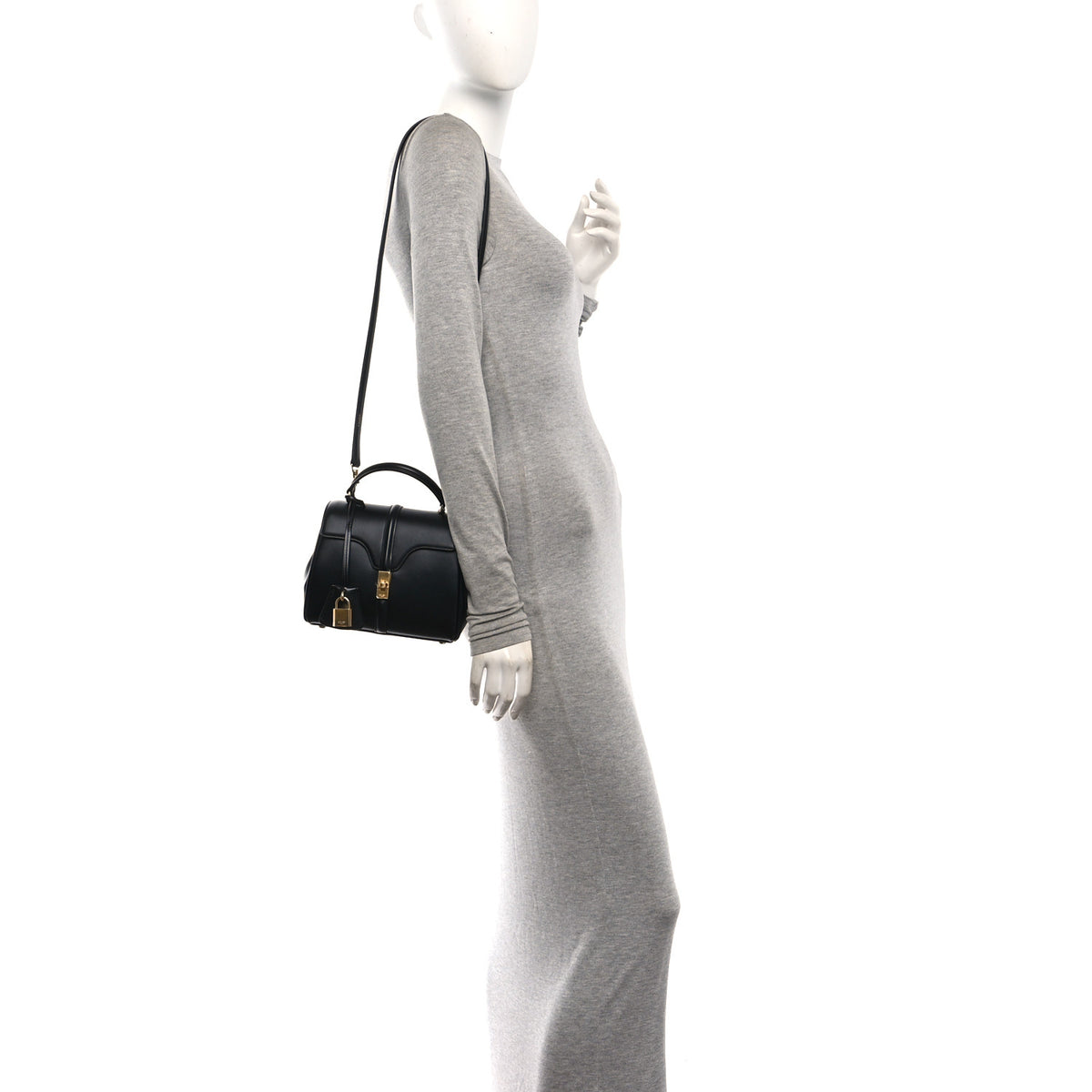 Satinated Calfskin Mini 16 Top Handle Bag Black
