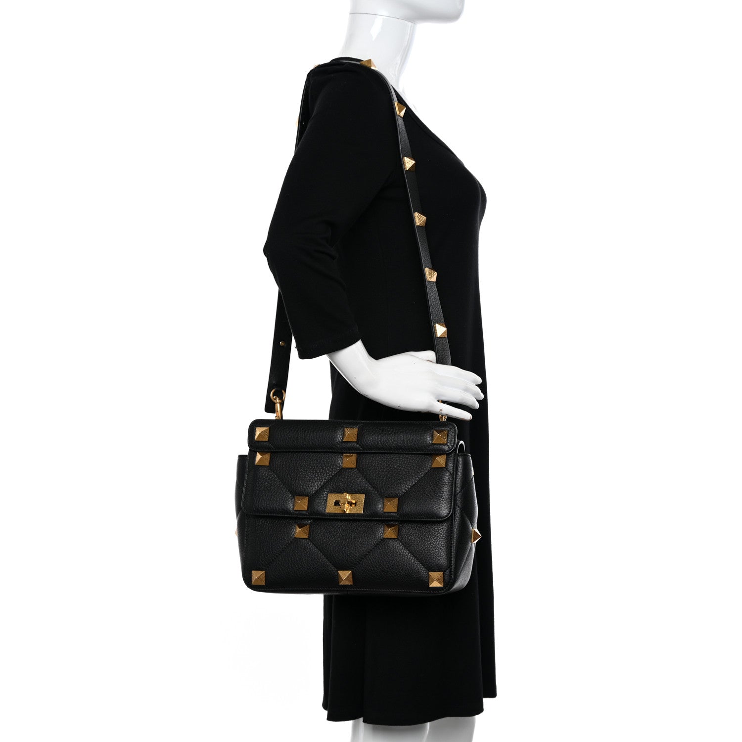 Valentino Garavani Grained Calfskin Large Roman Stud Shoulder Bag Black 2 of 9
