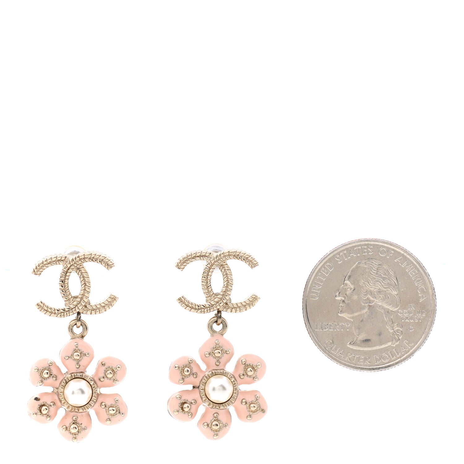 Chanel Enamel Pearl CC Flower Earrings Gold Pink 2 of 5