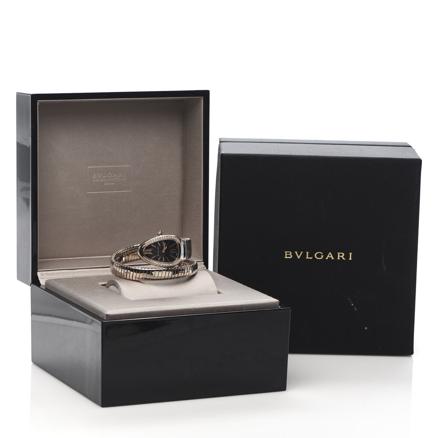 Stainless Steel 18K Rose Gold Diamond Bezel 35mm Serpenti Tubogas Quartz Watch Black