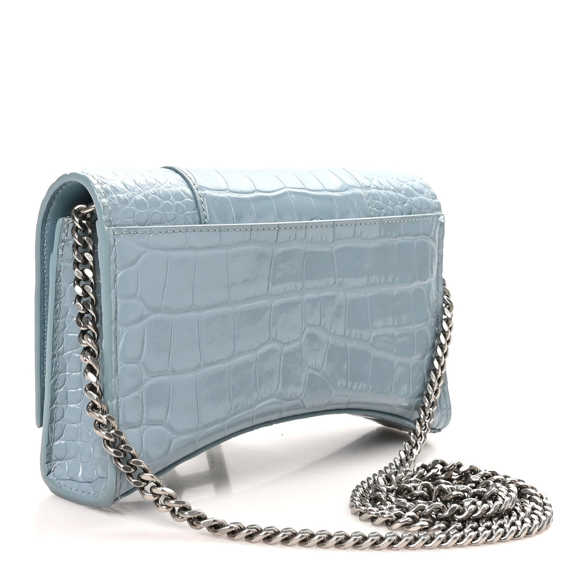 Shiny Calfskin Crocodile Embossed Hourglass Chain Bag Blue Grey