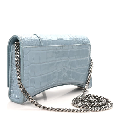 Balenciaga Shiny Calfskin Crocodile Embossed Hourglass Chain Bag Blue Grey 3 of 9