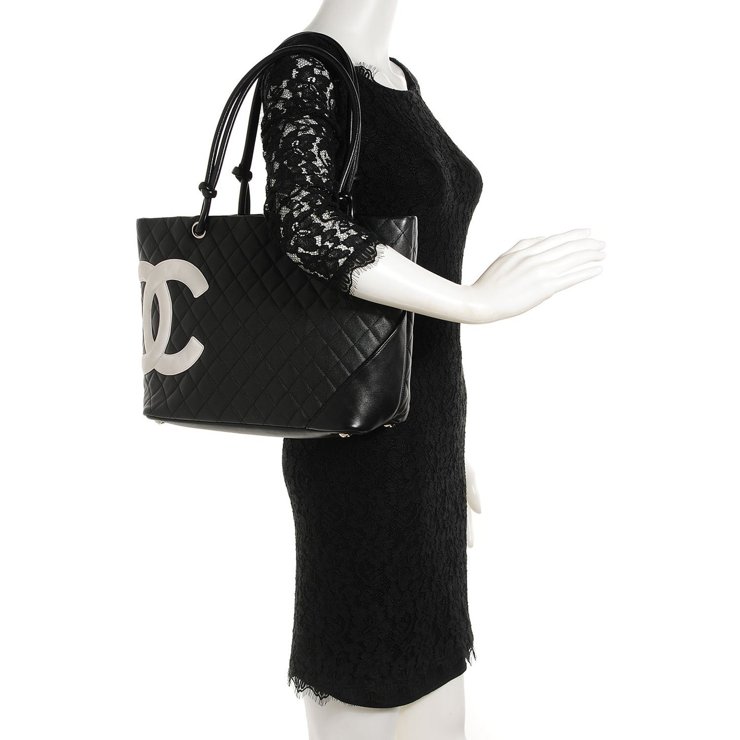 Calfskin Quilted Large Cambon Tote Black White