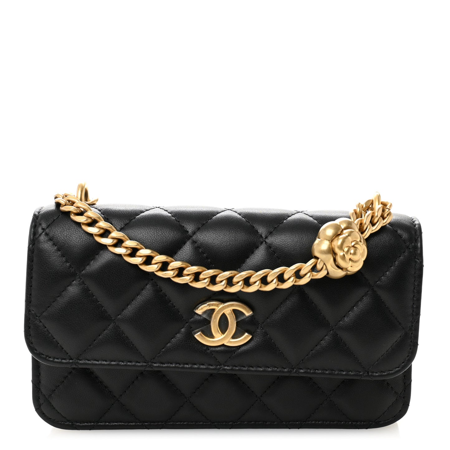Lambskin Quilted Sweet Camellia Flap Phone Holder With Chain Black