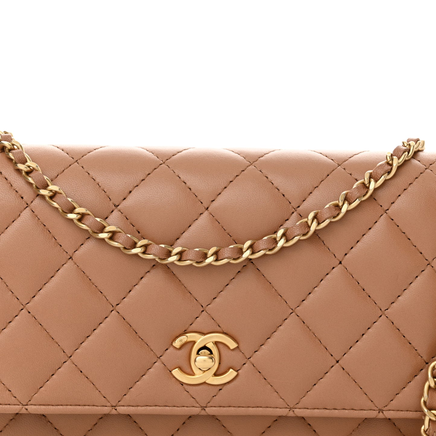 Lambskin Quilted CC Pearl Crush Wallet on Chain WOC Beige