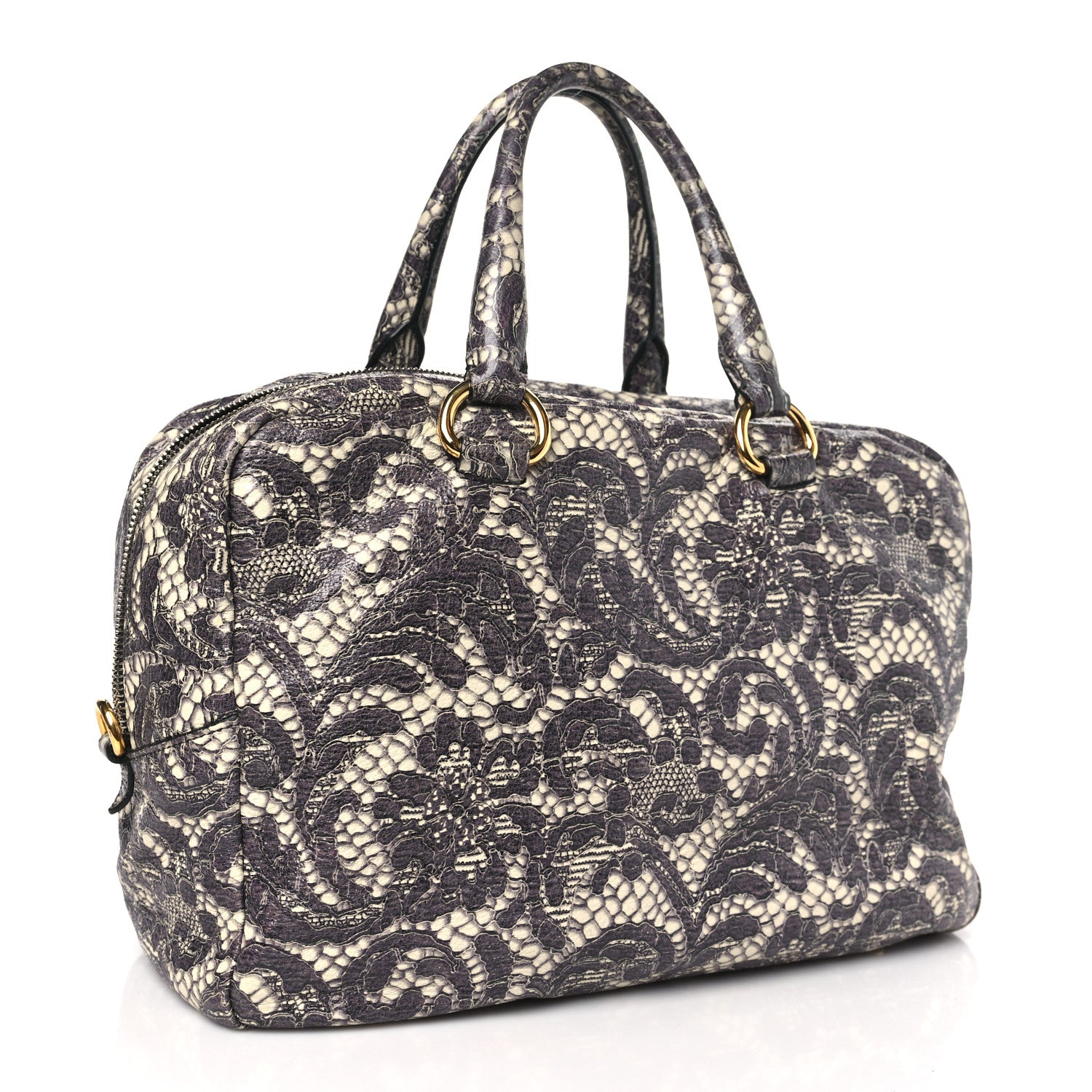 Prada Cervo Lux Print Lace Bauletto Bag Talco 3 of 10
