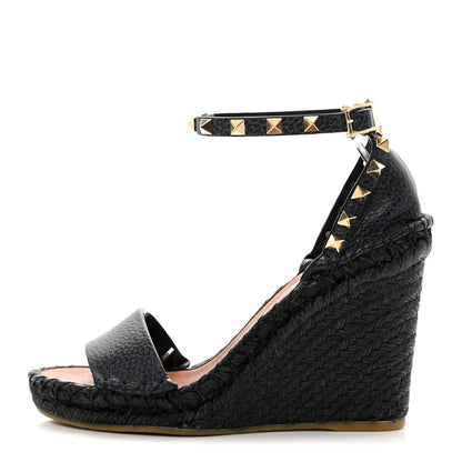 Valentino Garavani Grained Calfskin Rockstud Ankle Strap Espadrille 15/105mm Wedge Sandals 36 Deep Denim 1 of 8