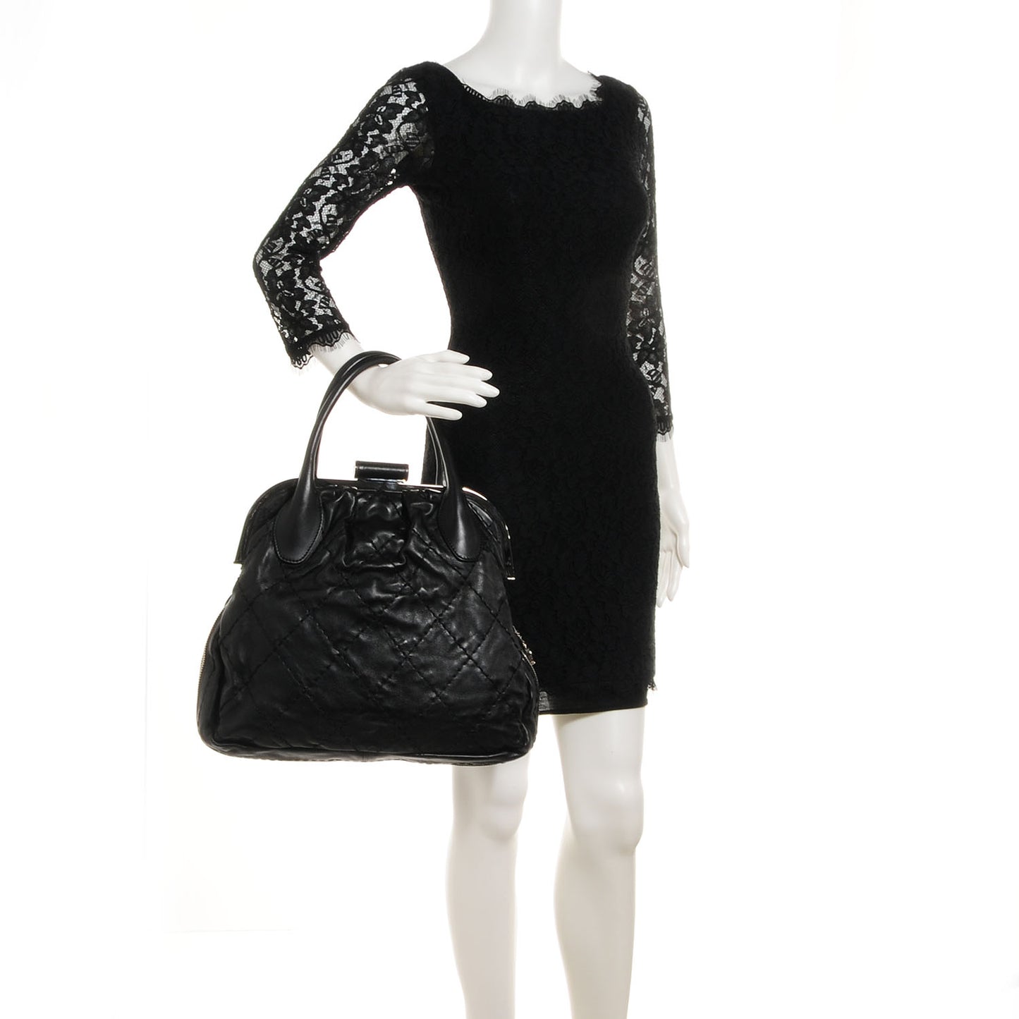 Calfskin Expandable Stitched Frame Top Bag Black