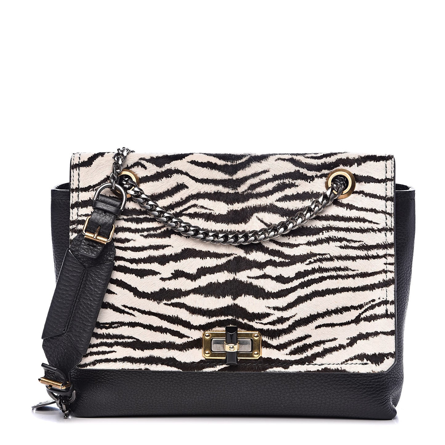 Pony Hair Calfskin Zebra Print Medium Happy Shoulder Bag Black White