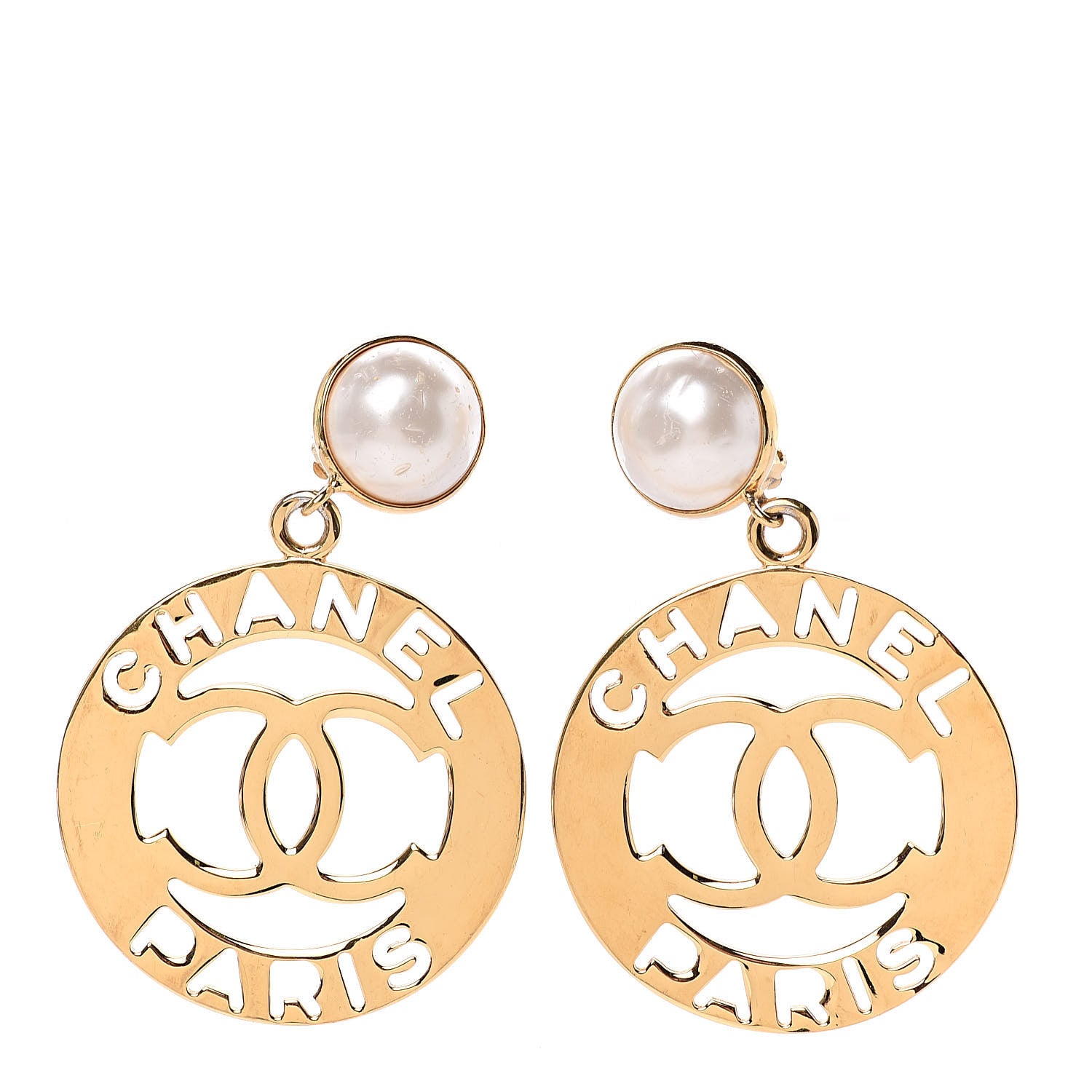 Chanel Pearl Large CC Drop Clip On Earrings Gold 1 of 7