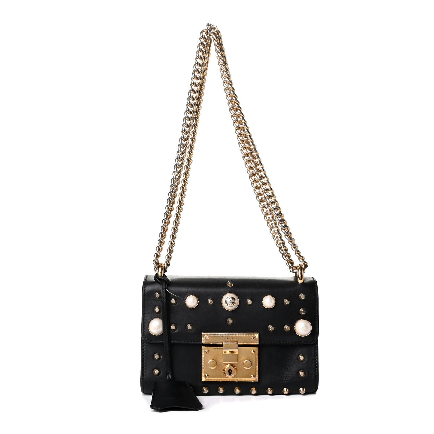 Calfskin Studded Small Padlock Shoulder Bag Black