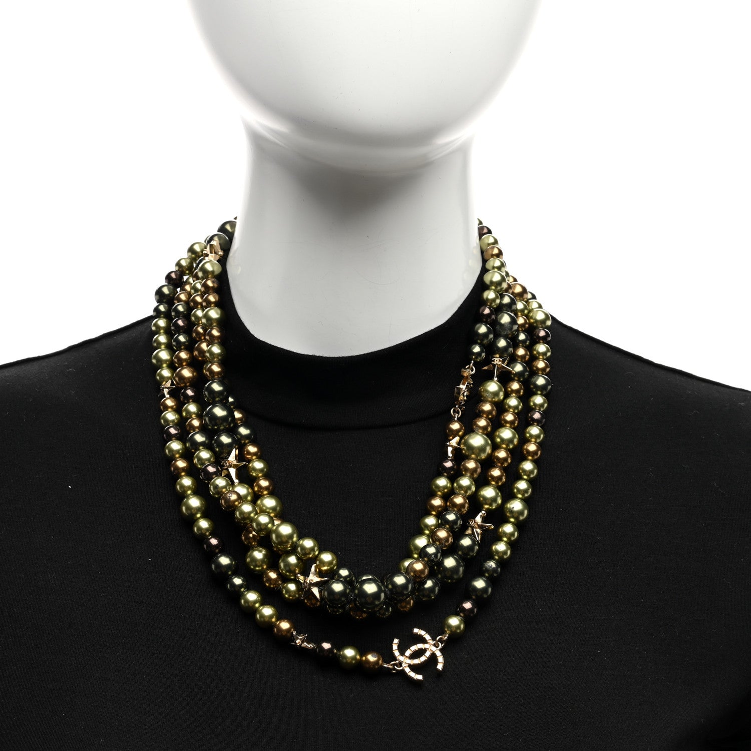 Chanel Pearl Star CC Multi Strand Long Necklace Green Gold 2 of 4