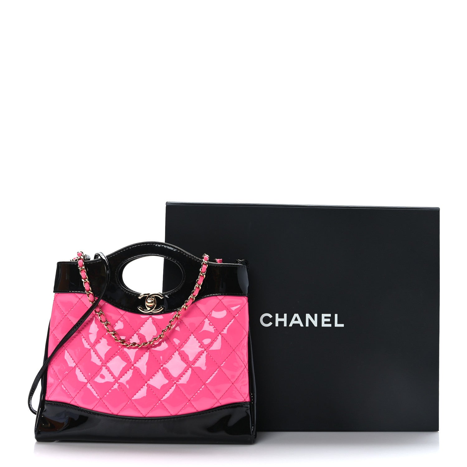 Chanel Patent Calfskin Quilted Mini 31 Shopping Bag Pink Black 7 of 10